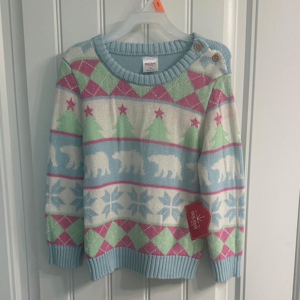 Holiday Time Festive Polar Bear Sweater - Pink, Green, Blue